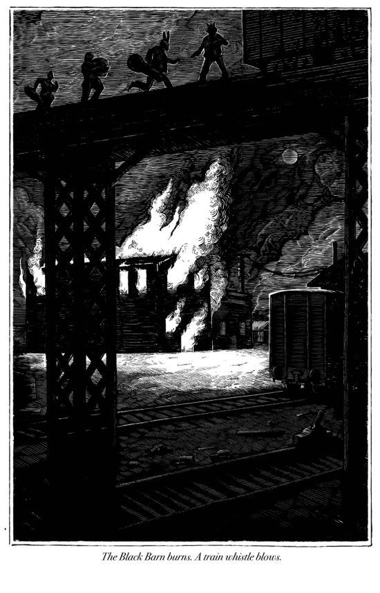 Drawing of a nighttime scene with four figures fleeing across a bridge towards a train car